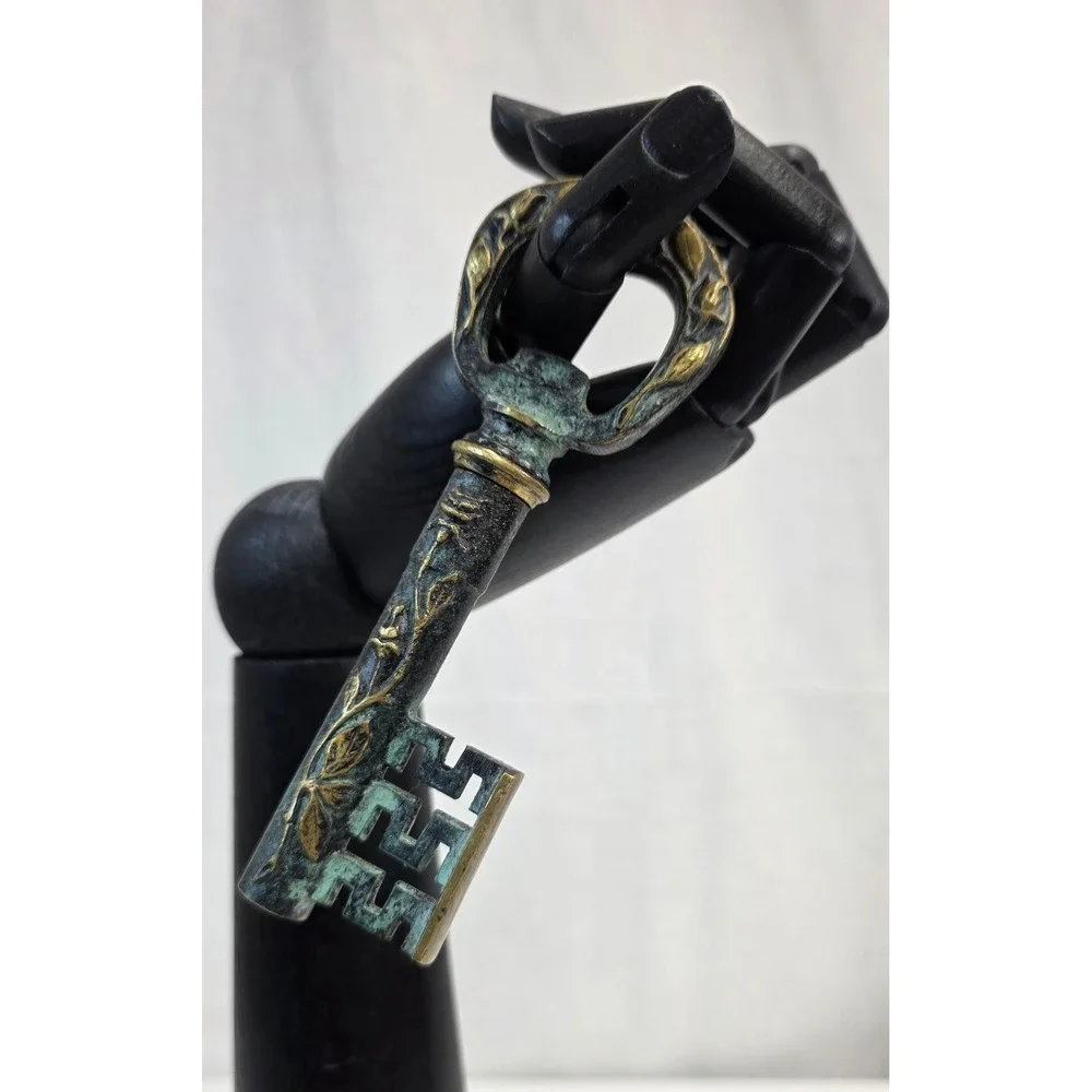 Vintage Skeleton Key Corkscrew Bottle Opener Verdigris Rose Embossed Bar Tool